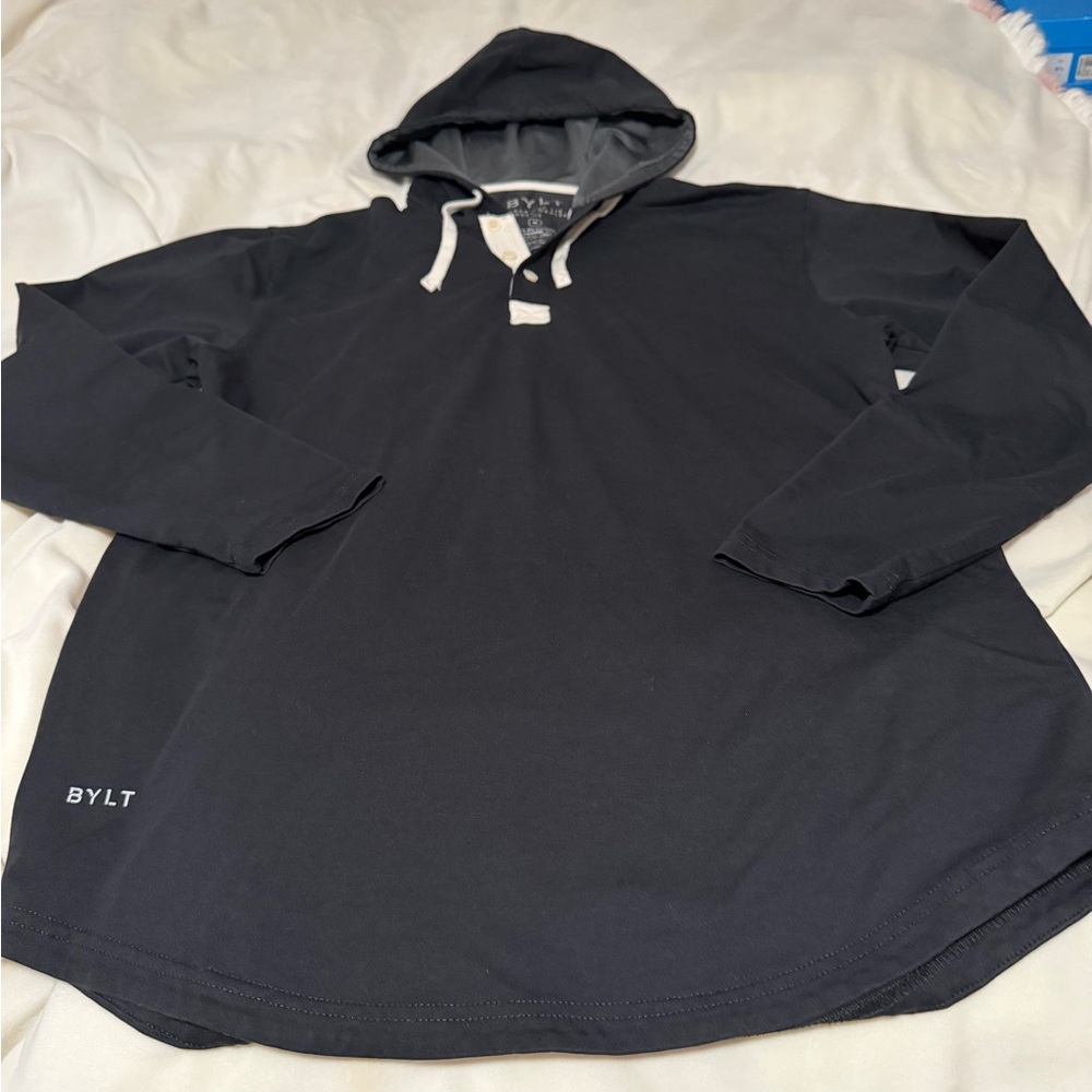 Bylt Henley Mens Black Drop Cut Hodded Lux Fleece Pullover Sweater Medium
